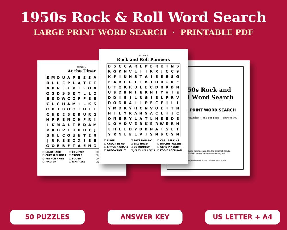 1950s Rock & Roll Word Search
