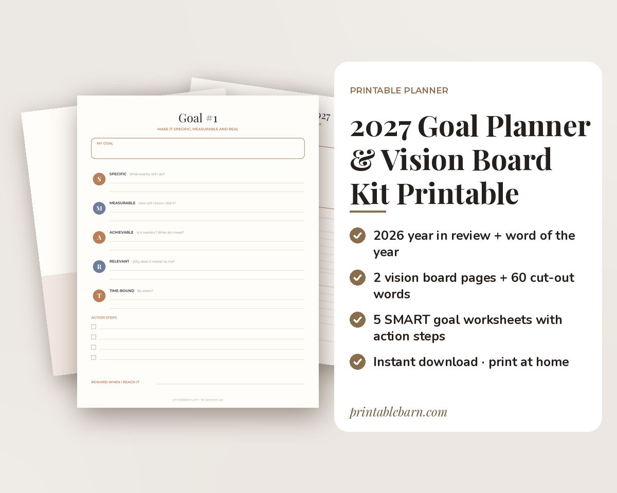 2027 Goal Planner & Vision Board Kit Printable: Goal Setting Worksheets, Word of the Year, Monthly Check-Ins printable preview 1