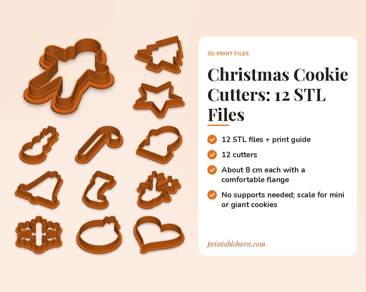 12 Christmas Cookie Cutters STL Files for 3D Printing (Gingerbread Man, Tree, Snowman & More)