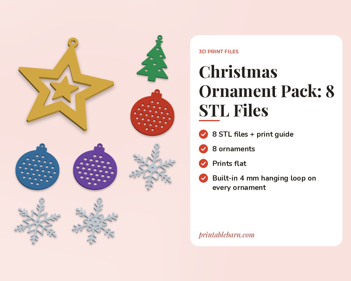 Christmas Ornament Pack: 8 STL Files for 3D Printing (Star, Tree, Baubles, Snowflakes) printable preview 1