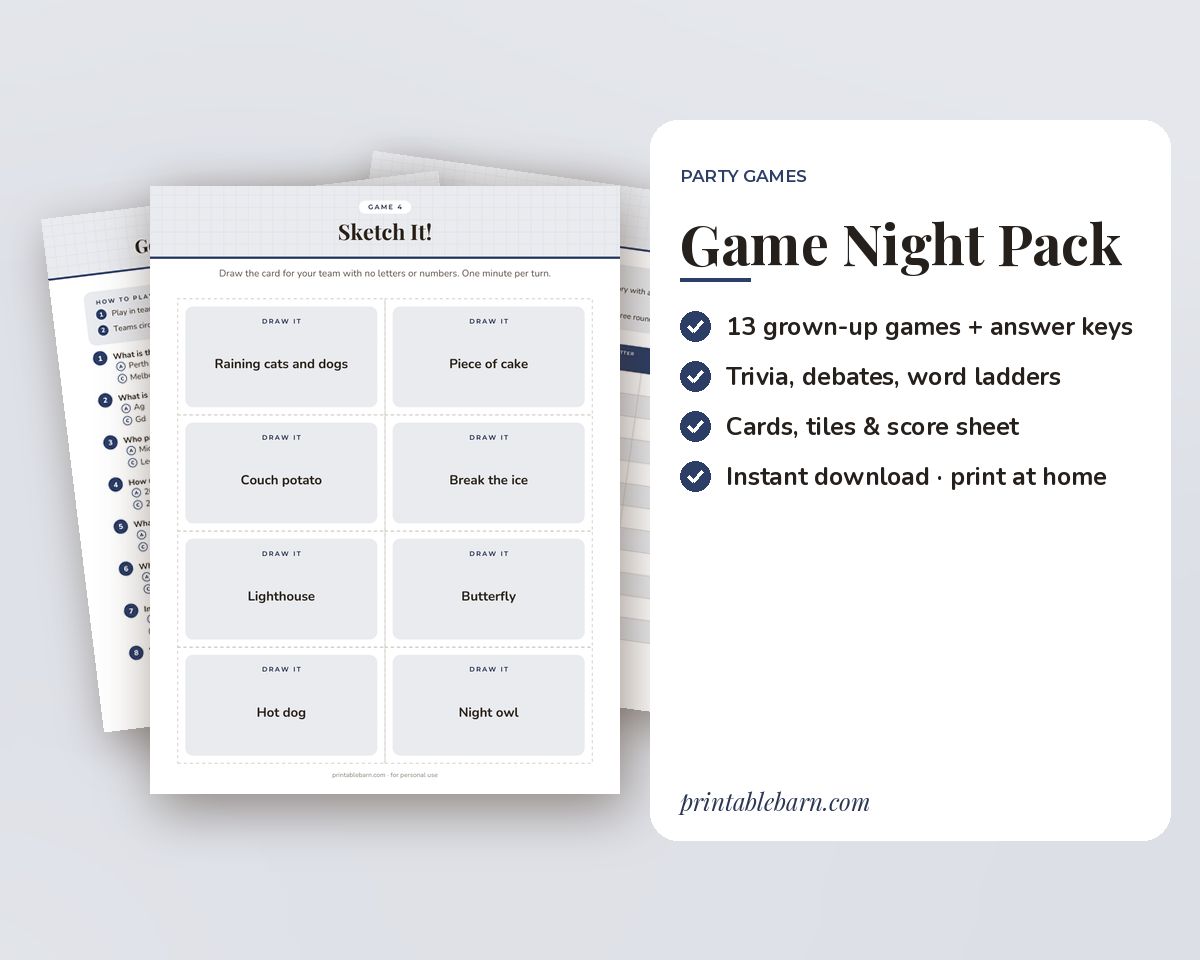 Adult Game Night Pack: 13 Printable Party Games with Answer Keys