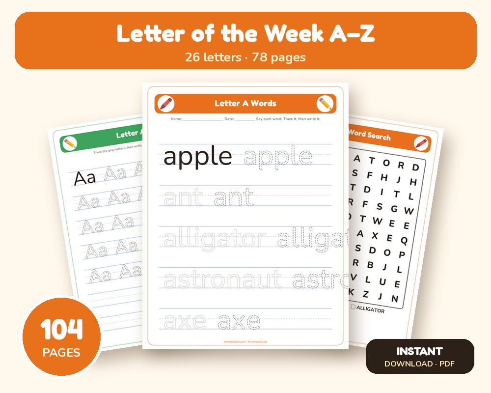 Letter of the Week Worksheets A–Z: Tracing, Beginning Sounds & Word Search (78 Pages) printable preview 1