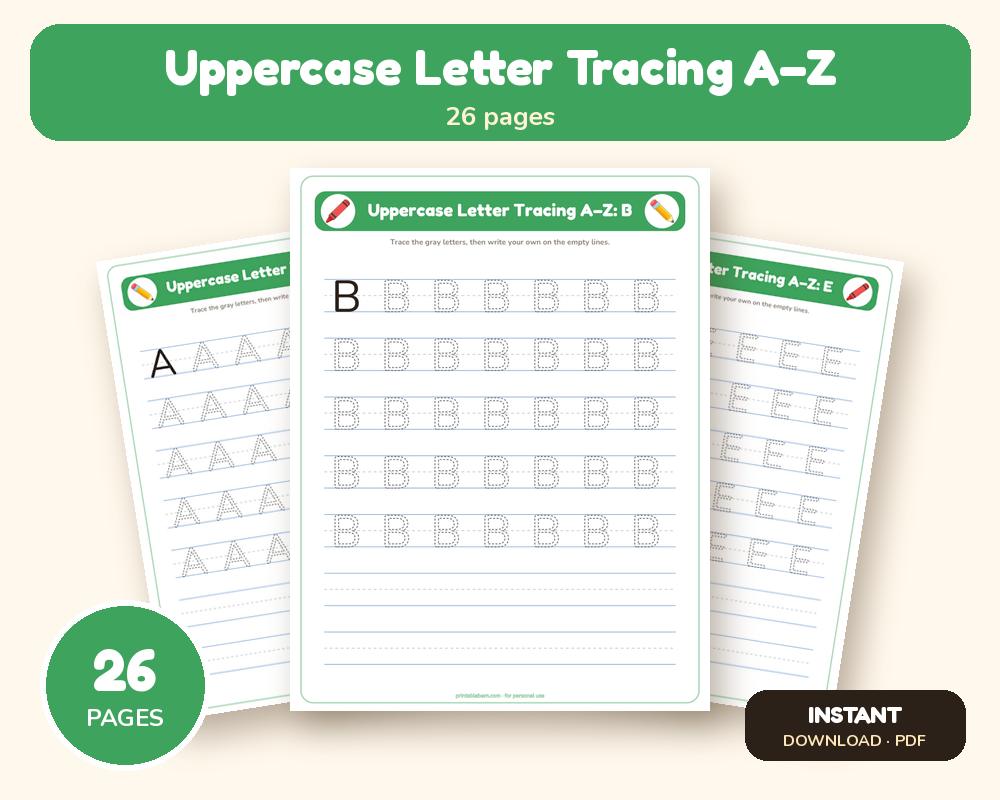 Uppercase Letter Tracing A–Z Worksheets (Printable Handwriting Practice) printable preview 1