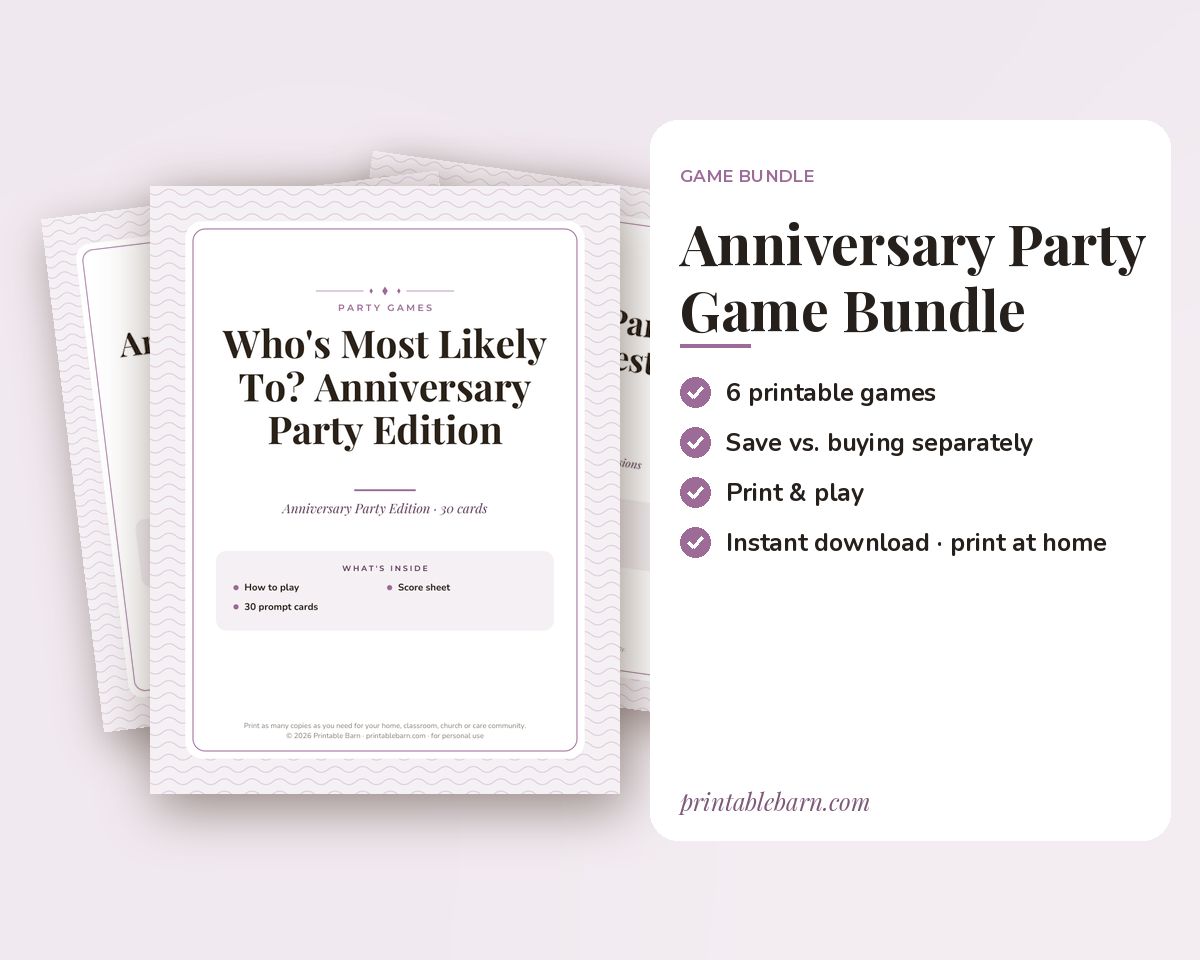 Anniversary Party Games Bundle: 6 Printable Party Games (Would You Rather, Most Likely To, Find the Guest & More) printable preview 1