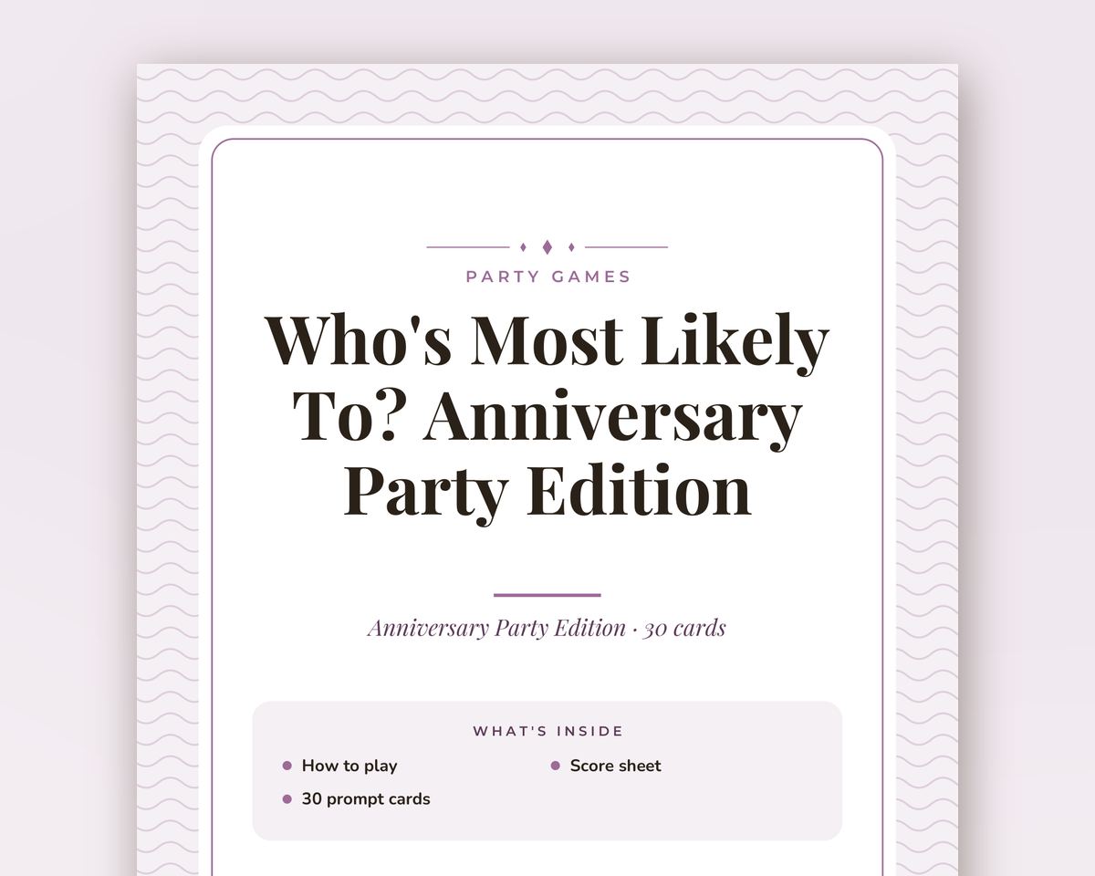 Anniversary Party Games Bundle: 6 Printable Party Games (Would You Rather, Most Likely To, Find the Guest & More) printable preview 2