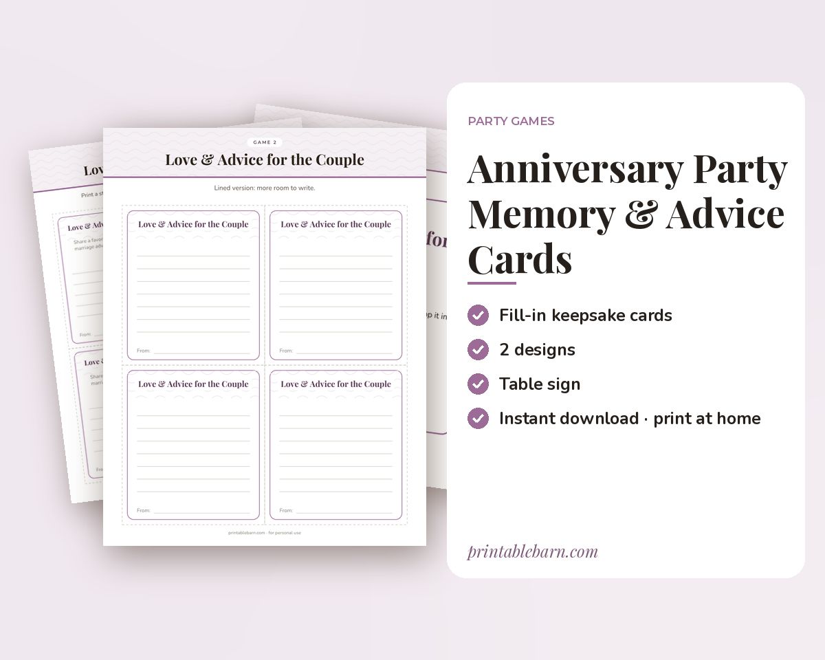 Anniversary Party Memory & Advice Cards: Printable Fill-in Cards + Table Sign