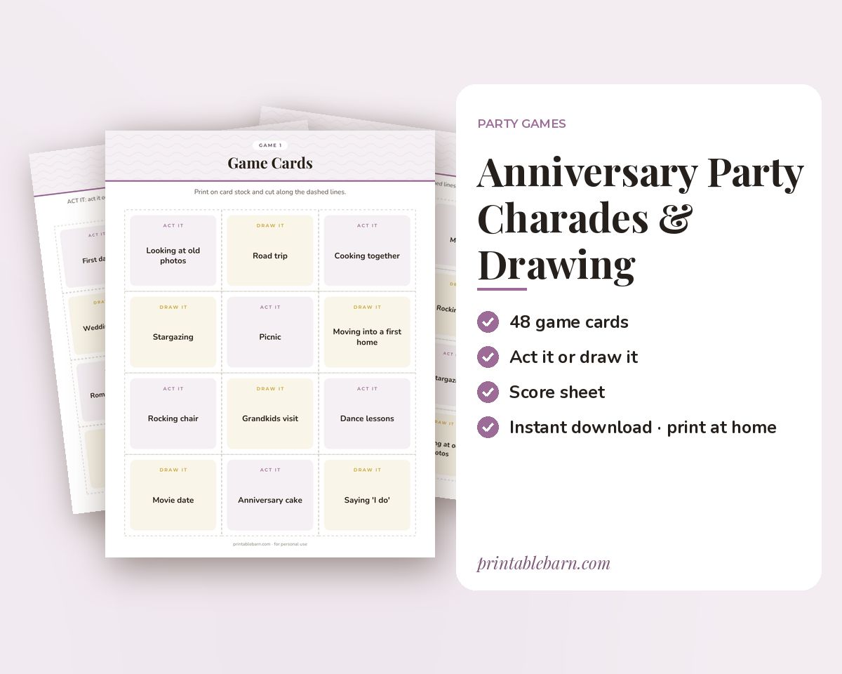 Anniversary Party Charades & Drawing Game: 48 Printable Act It / Draw It Cards printable preview 1