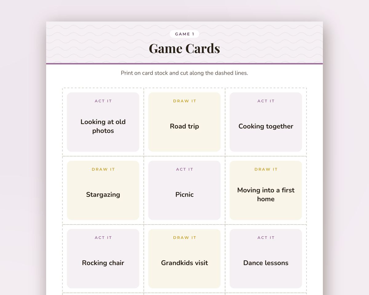 Anniversary Party Charades & Drawing Game: 48 Printable Act It / Draw It Cards printable preview 2