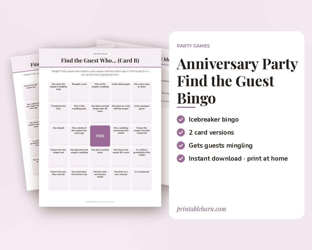 Anniversary Party Find the Guest Bingo: Printable Icebreaker Game (2 Card Versions) printable preview 1