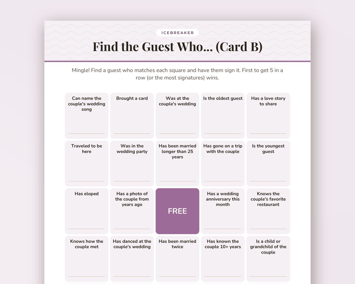Anniversary Party Find the Guest Bingo: Printable Icebreaker Game (2 Card Versions) printable preview 2