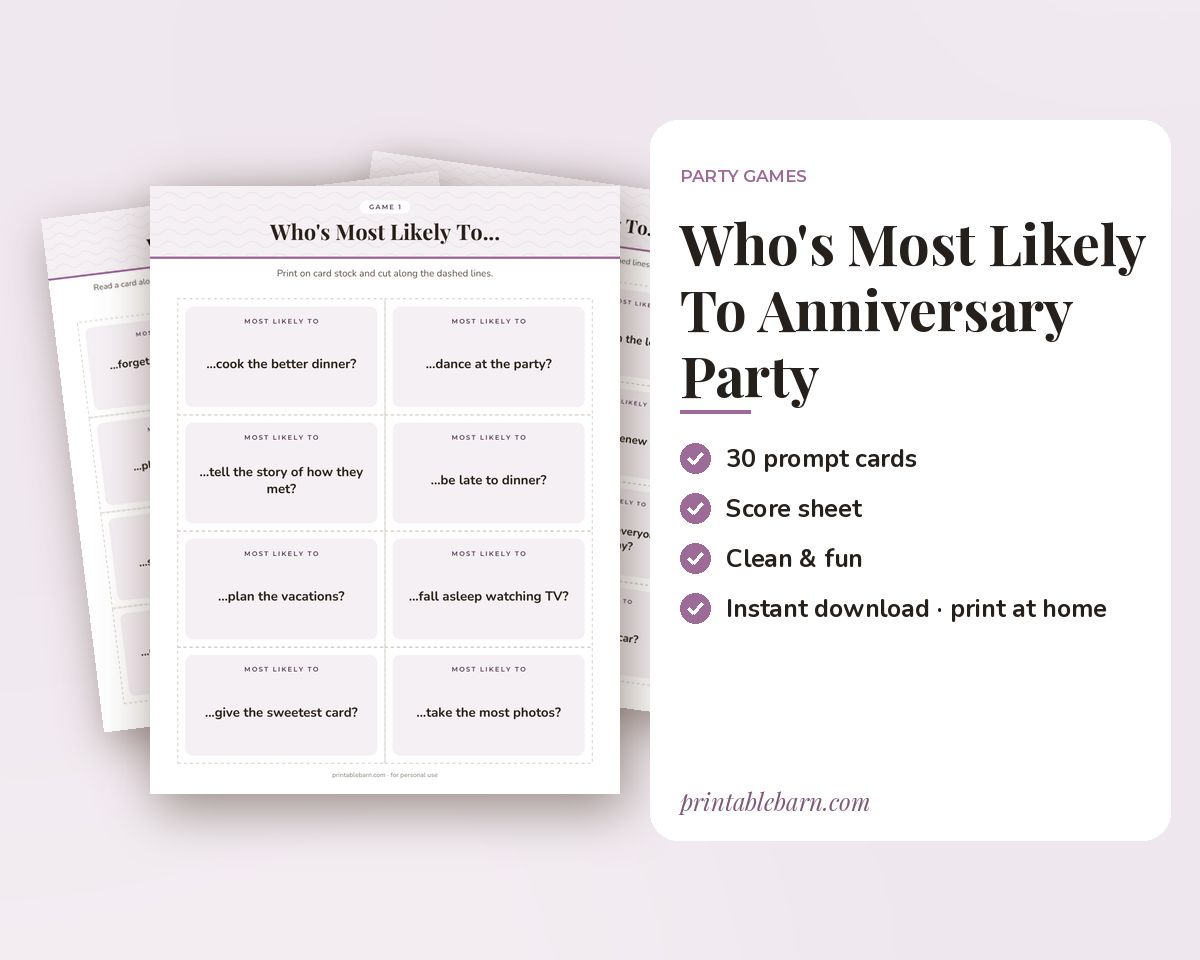 Who's Most Likely To: Anniversary Party Edition, 30 Printable Game Cards printable preview 1