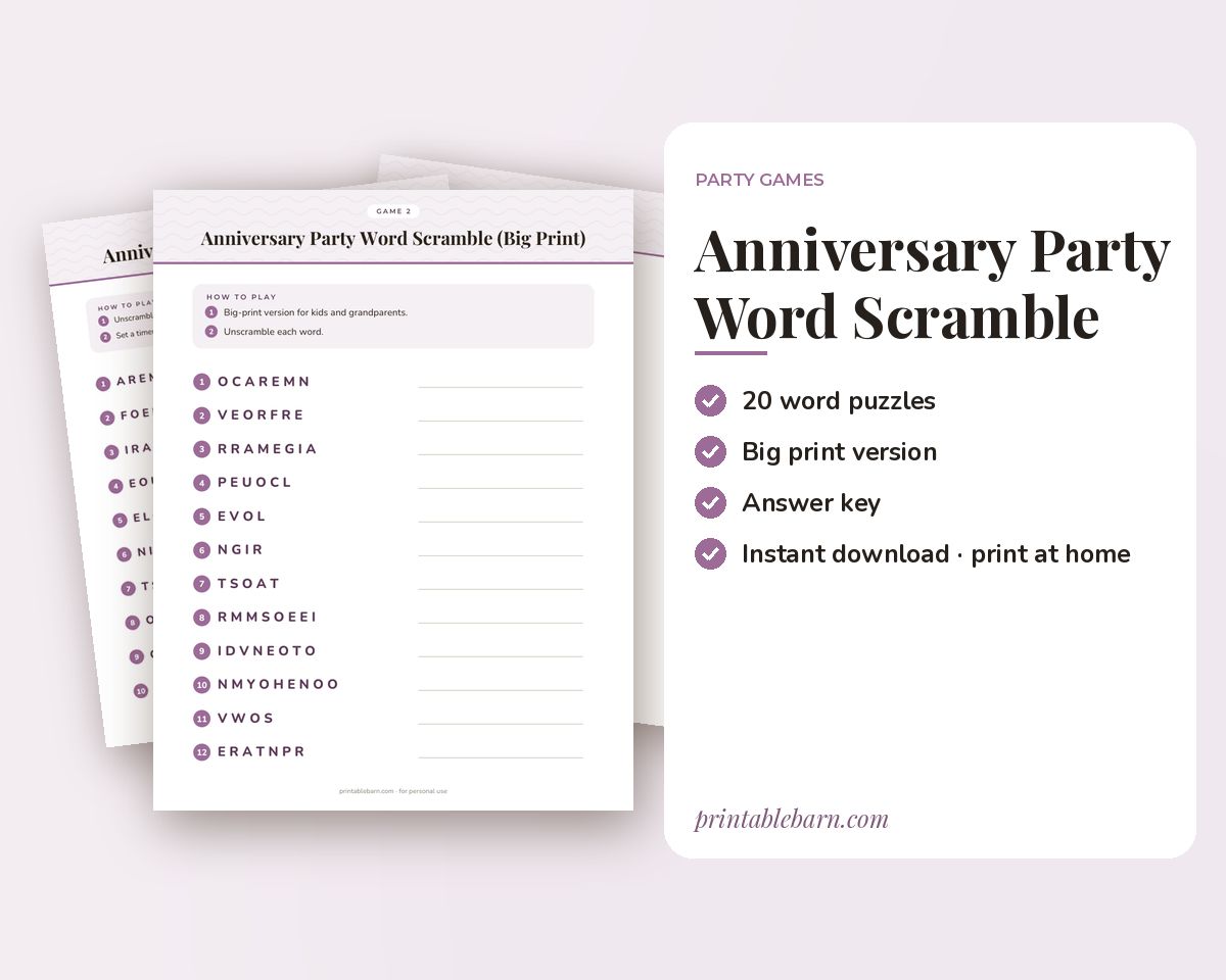 Anniversary Party Word Scramble Game: 20 Printable Word Puzzles with Answer Key