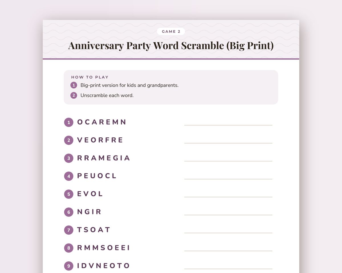 Anniversary Party Word Scramble Game: 20 Printable Word Puzzles with Answer Key printable preview 2