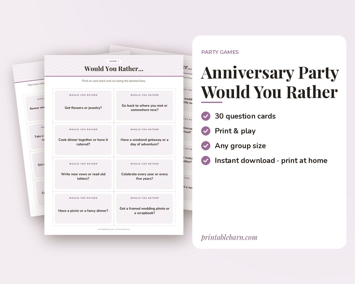 Anniversary Party Would You Rather Game: 30 Printable Question Cards