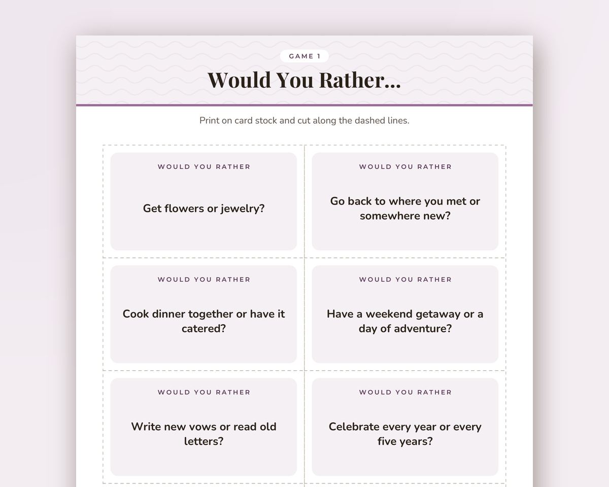 Free printable Anniversary Party Would You Rather Game sample page