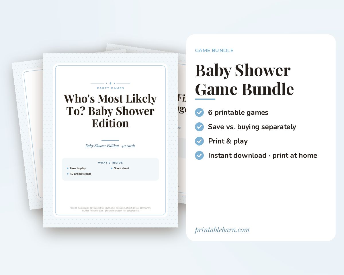 Baby Shower Games Bundle: 6 Printable Party Games (Would You Rather, Most Likely To, Find the Guest & More)
