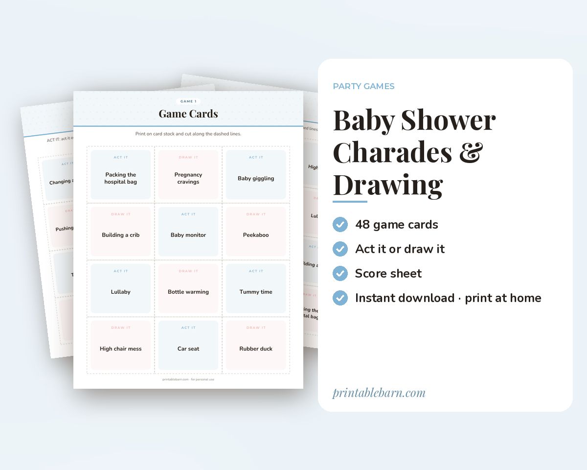Baby Shower Charades & Drawing Game: 48 Printable Act It / Draw It Cards printable preview 1
