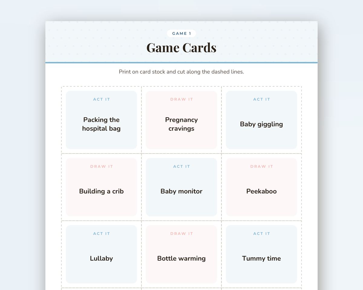 Free printable Baby Shower Charades & Drawing Game sample page