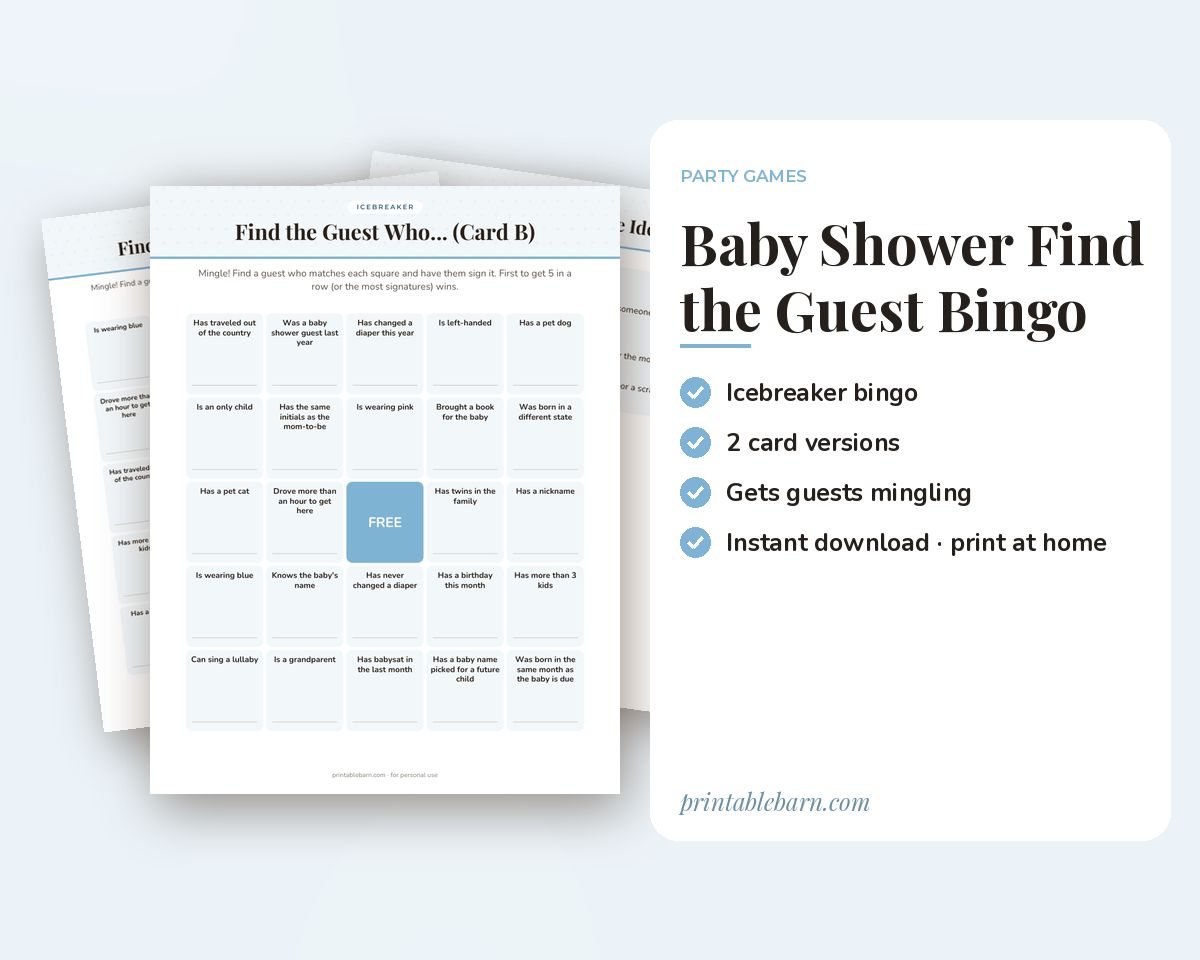 Baby Shower Find the Guest Bingo: Printable Icebreaker Game (2 Card Versions)