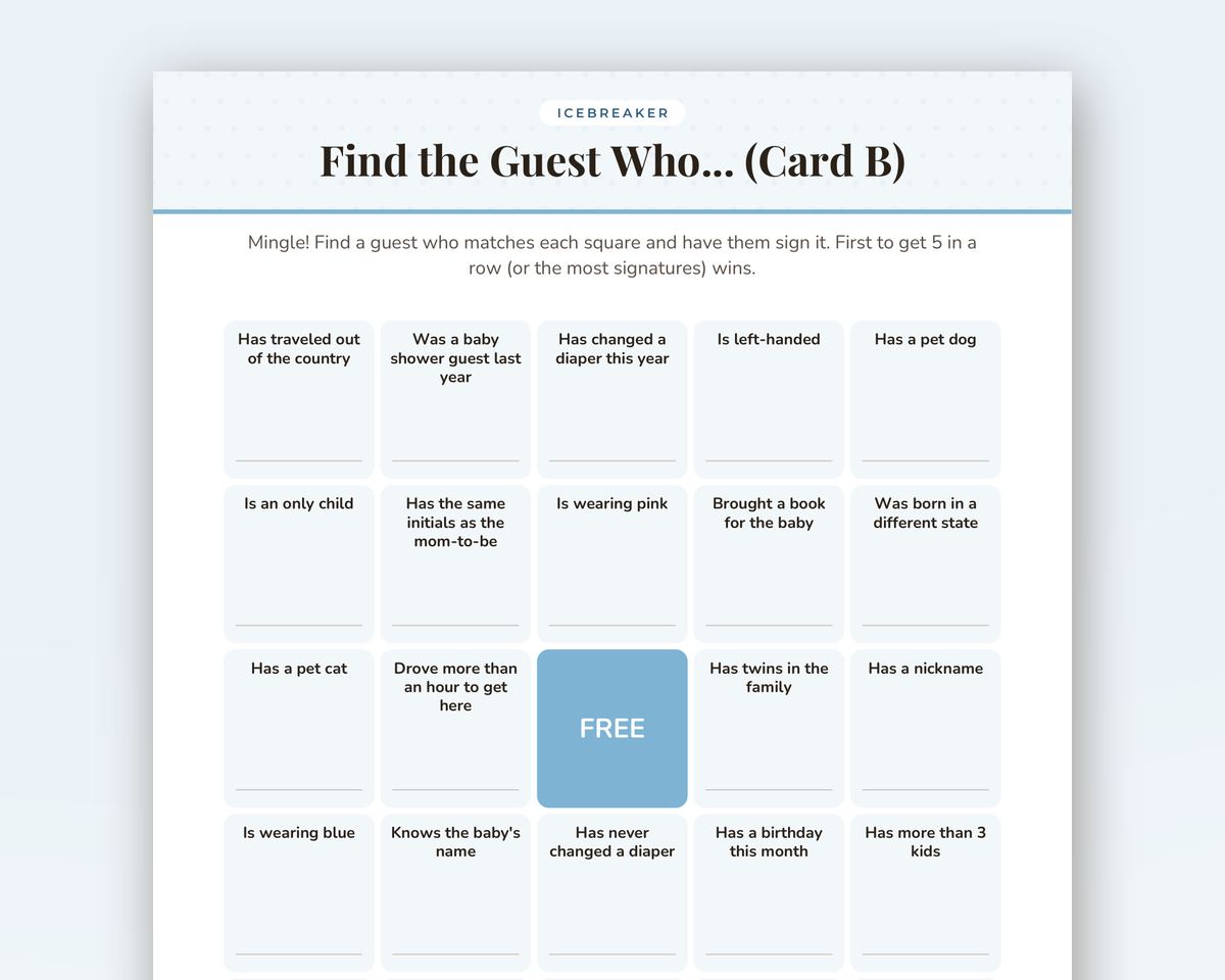 Free printable Baby Shower Find the Guest Bingo sample page