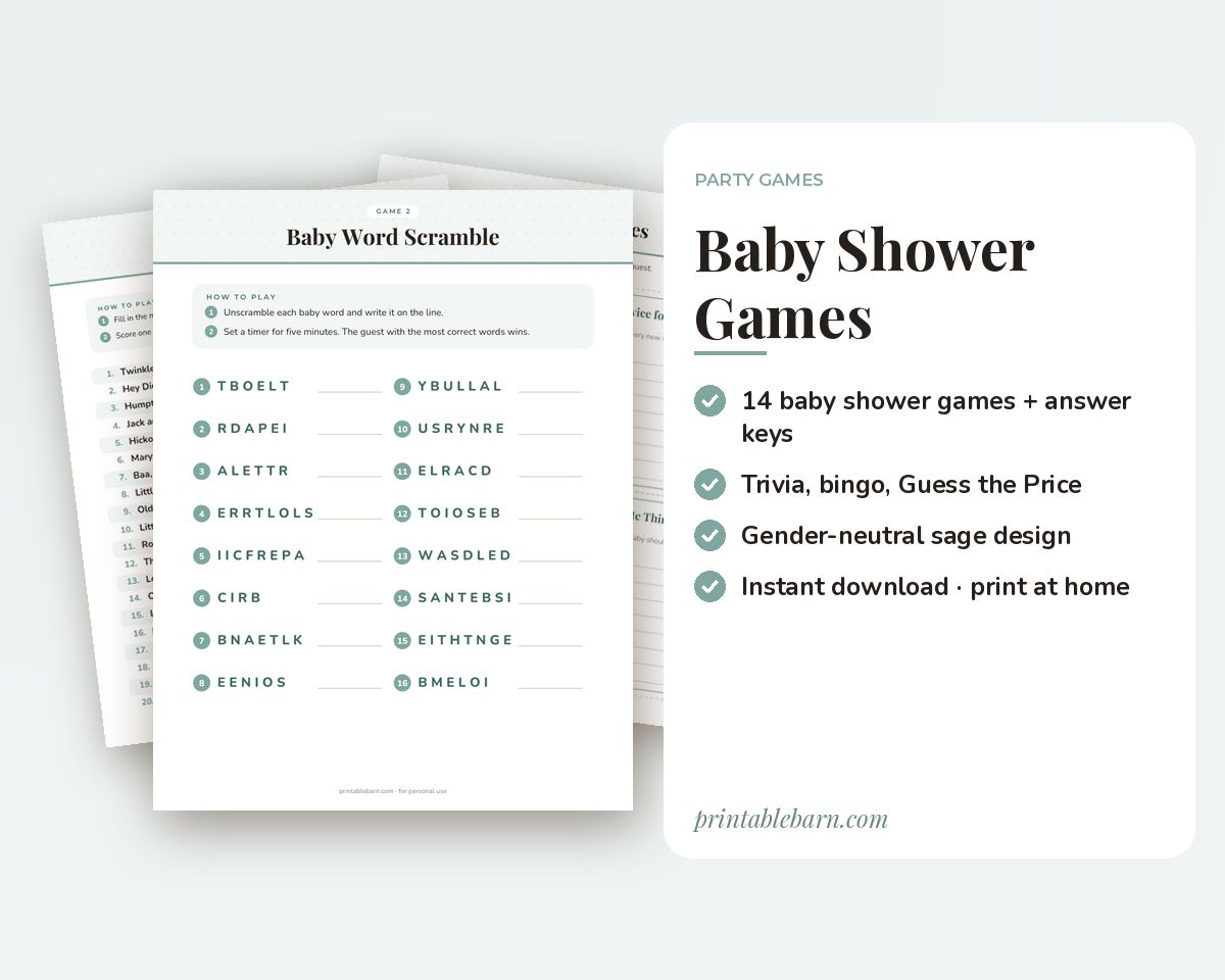 Baby Shower Games Printable Pack: 14 Games with Answer Keys & Scorecard