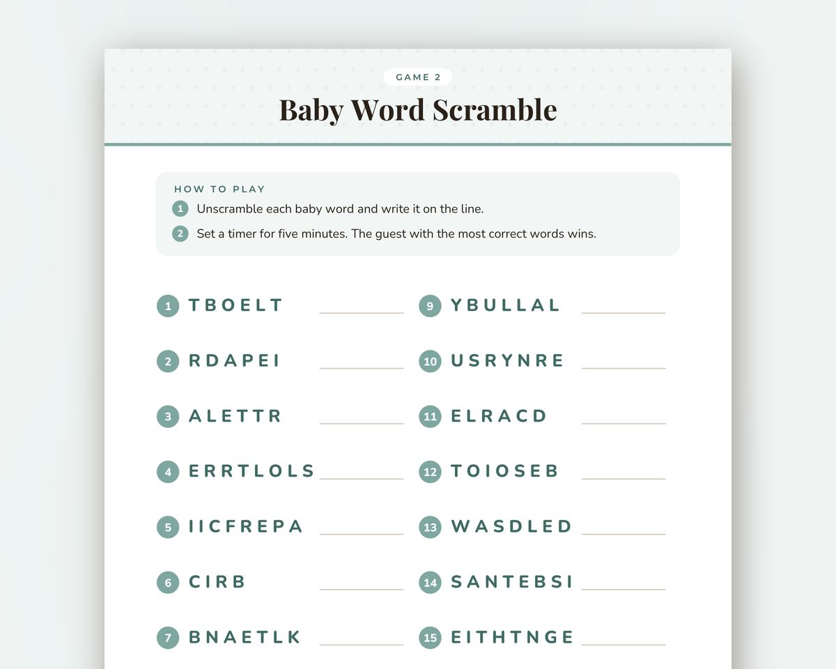 Baby Shower Games Printable Pack: 14 Games with Answer Keys & Scorecard printable preview 2