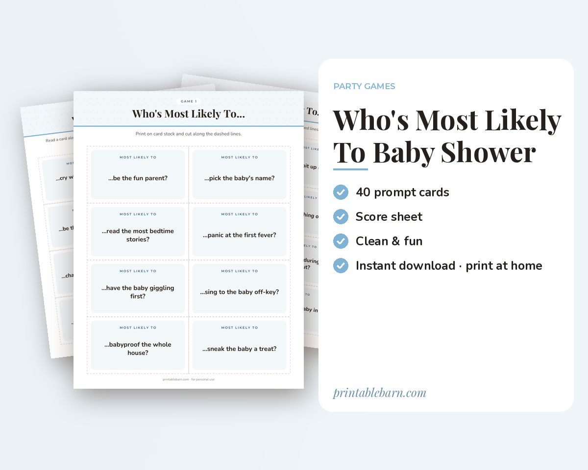 Who's Most Likely To: Baby Shower Edition, 40 Printable Game Cards printable preview 1