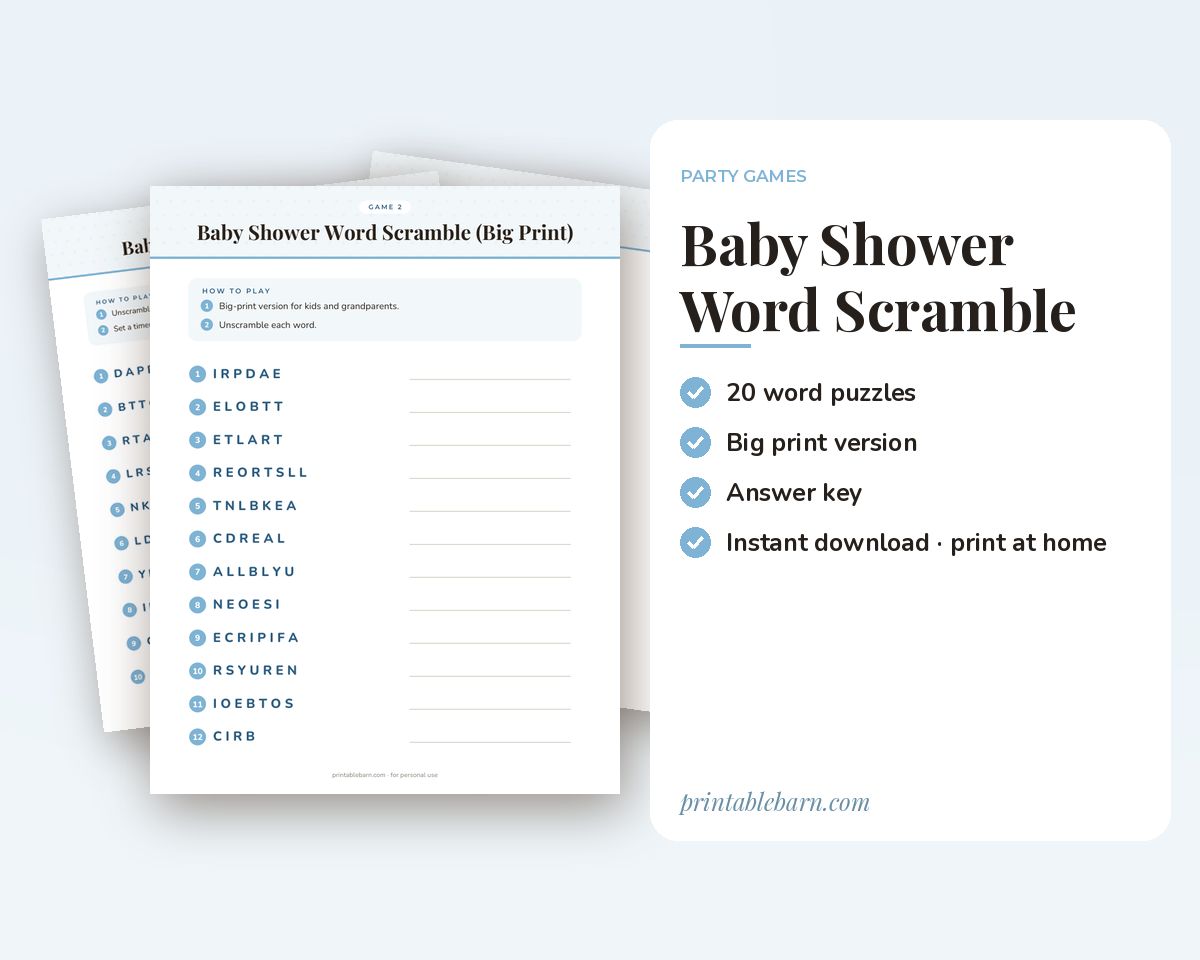 Baby Shower Word Scramble Game: 20 Printable Word Puzzles with Answer Key printable preview 1