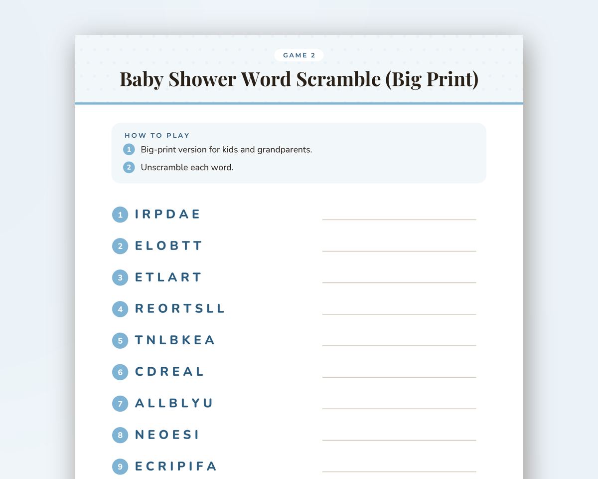 Free printable Baby Shower Word Scramble Game sample page