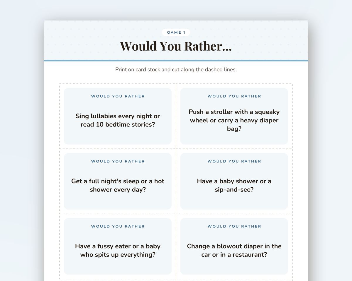Free printable Baby Shower Would You Rather Game sample page
