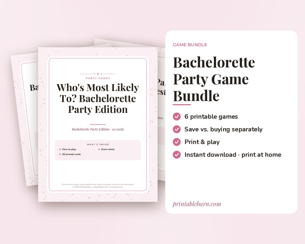Bachelorette Party Games Bundle: 6 Printable Party Games (Would You Rather, Most Likely To, Find the Guest & More) printable preview 1