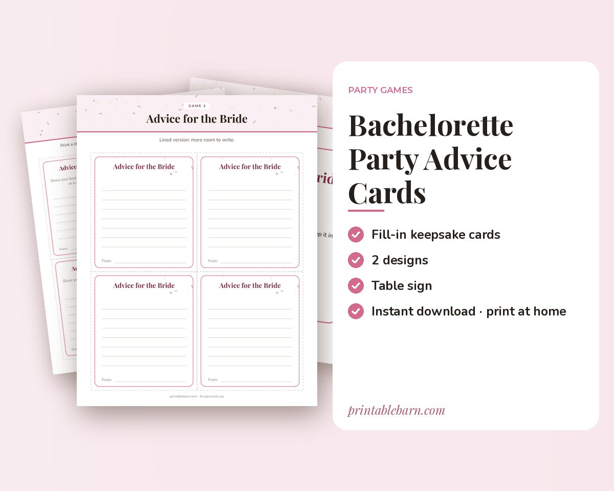Bachelorette Party Advice Cards: Printable Fill-in Cards + Table Sign printable preview 1