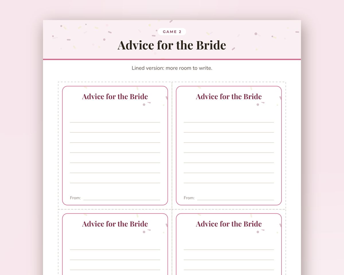 Free printable Bachelorette Party Advice Cards sample page