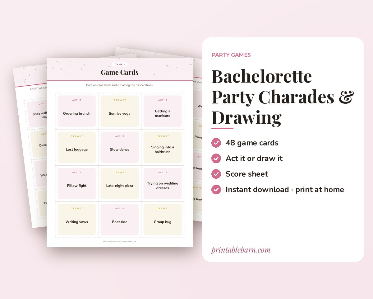 Bachelorette Party Charades & Drawing Game: 48 Printable Act It / Draw It Cards printable preview 1