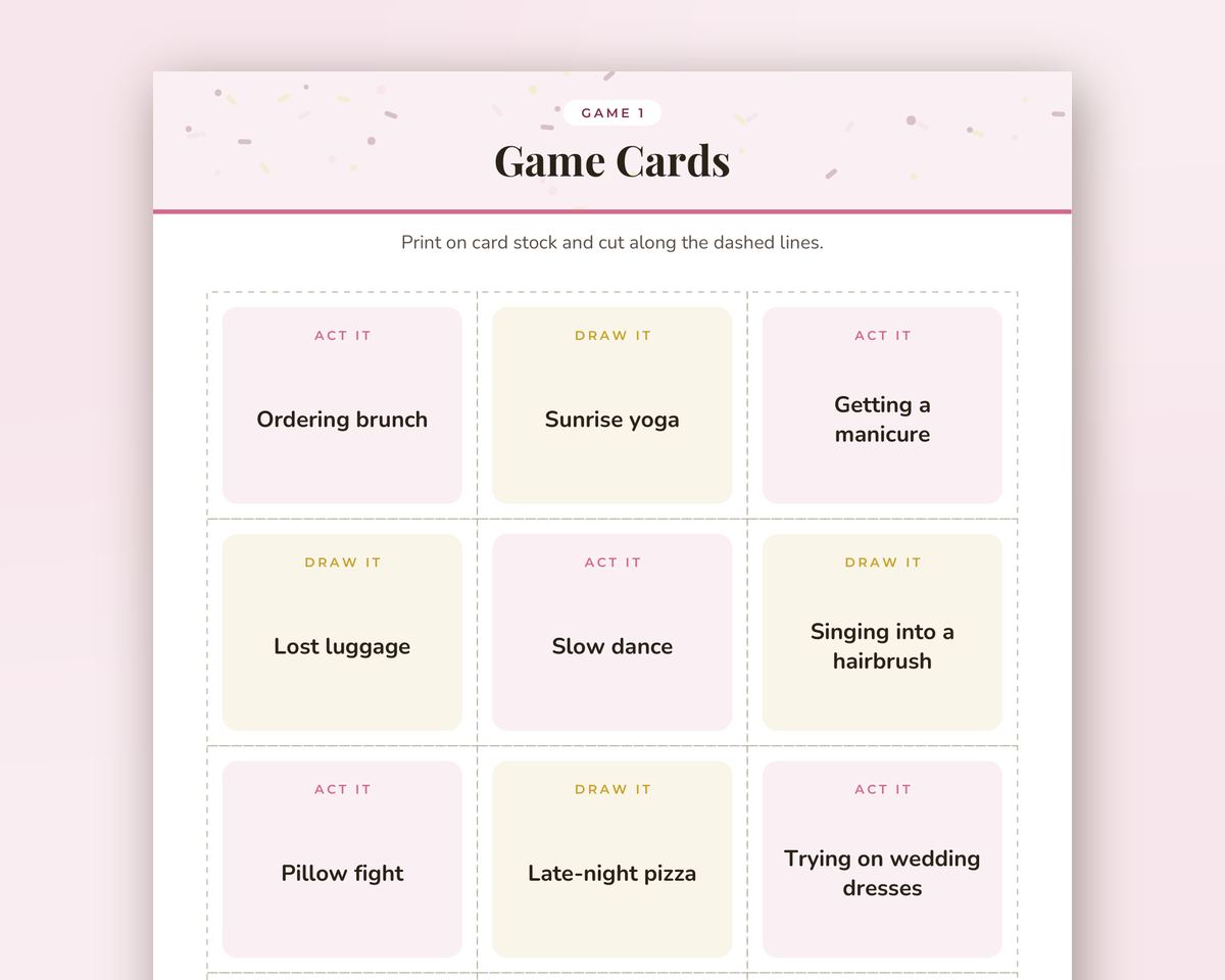 Bachelorette Party Charades & Drawing Game: 48 Printable Act It / Draw It Cards printable preview 2