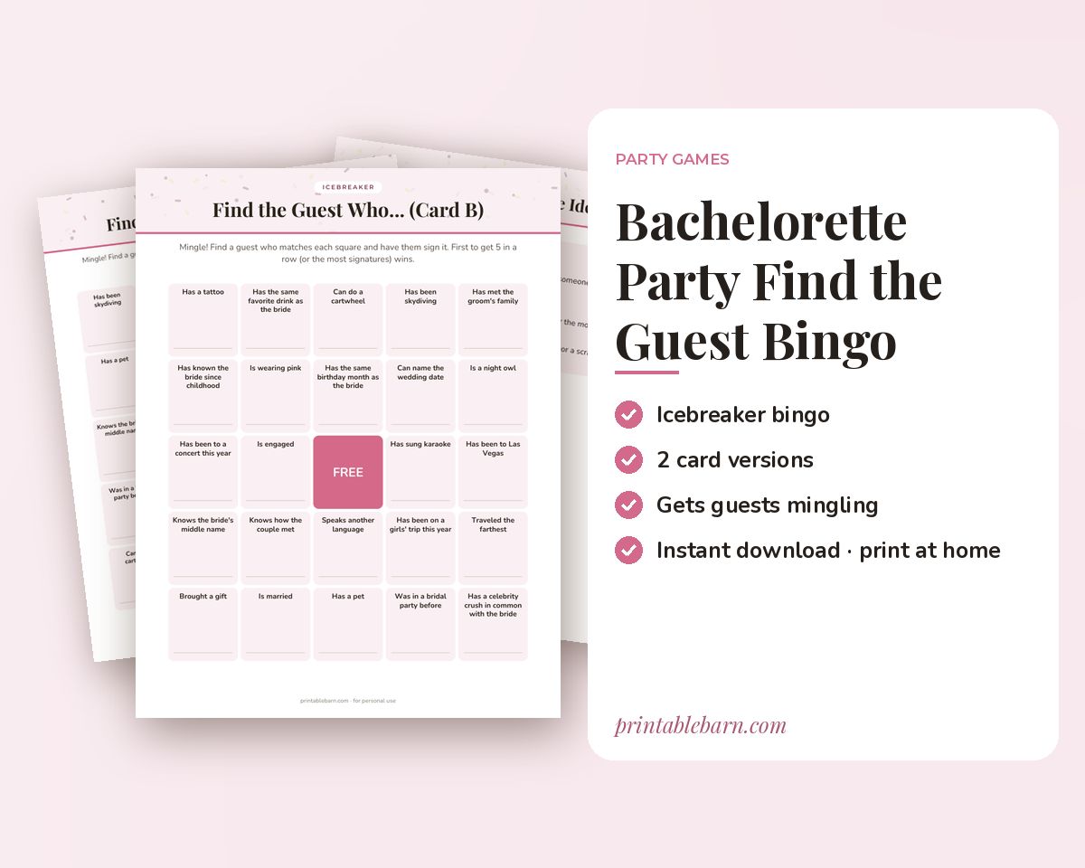 Bachelorette Party Find the Guest Bingo: Printable Icebreaker Game (2 Card Versions) printable preview 1
