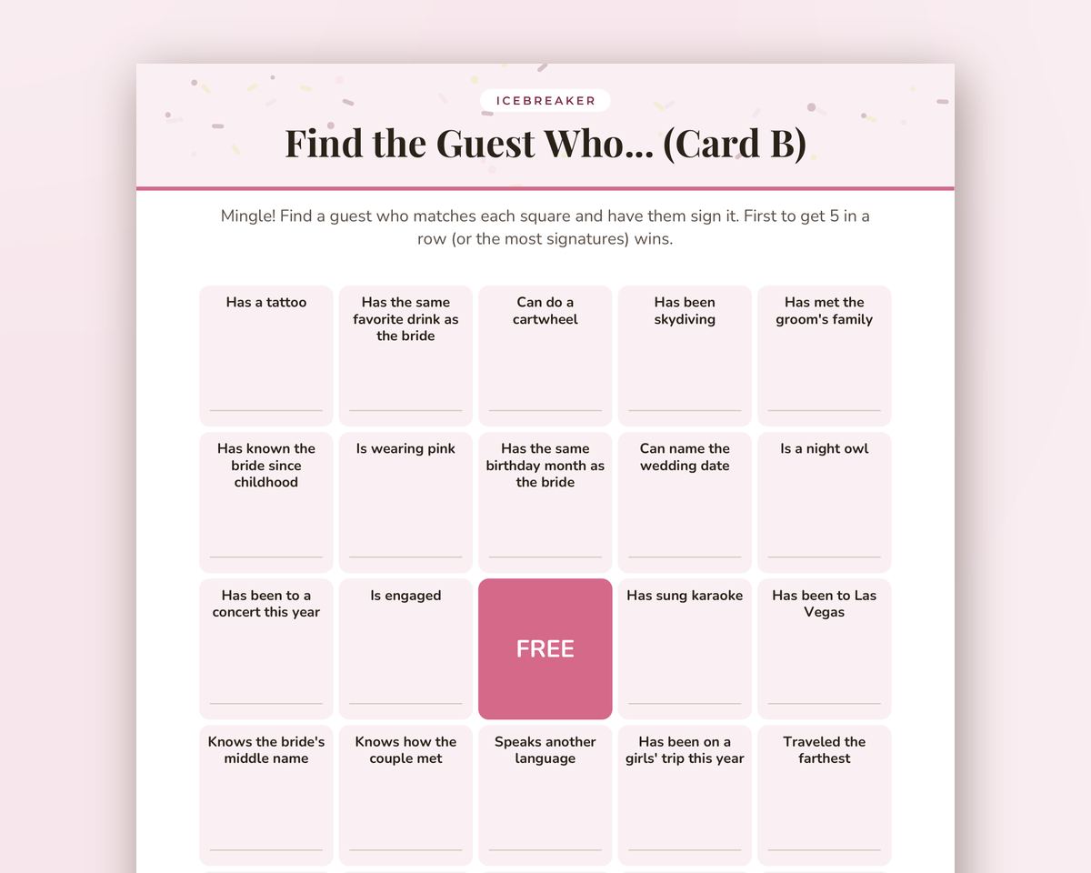 Bachelorette Party Find the Guest Bingo: Printable Icebreaker Game (2 Card Versions) printable preview 2