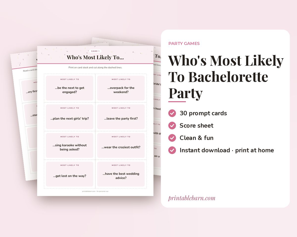 Who's Most Likely To: Bachelorette Party Edition, 30 Printable Game Cards printable preview 1