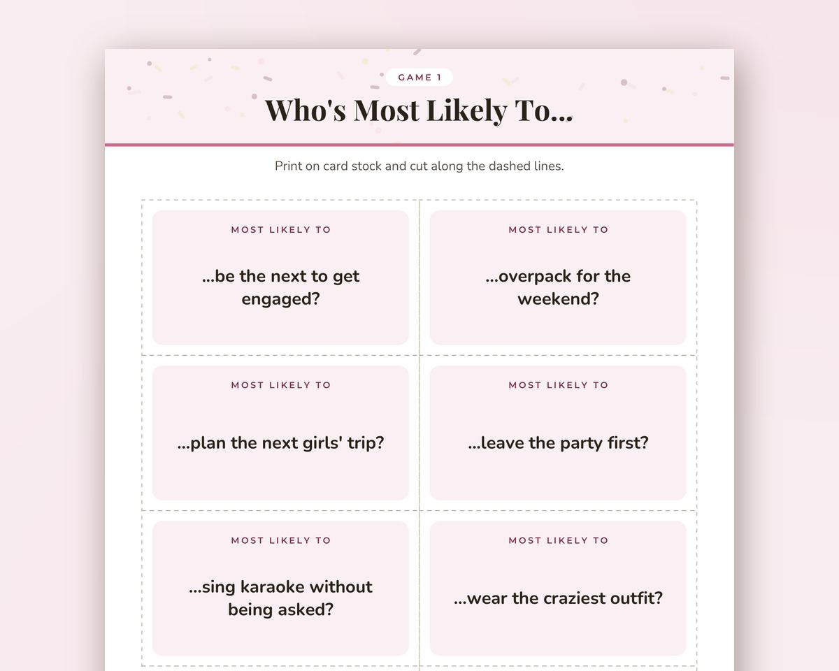 Who's Most Likely To: Bachelorette Party Edition, 30 Printable Game Cards printable preview 2