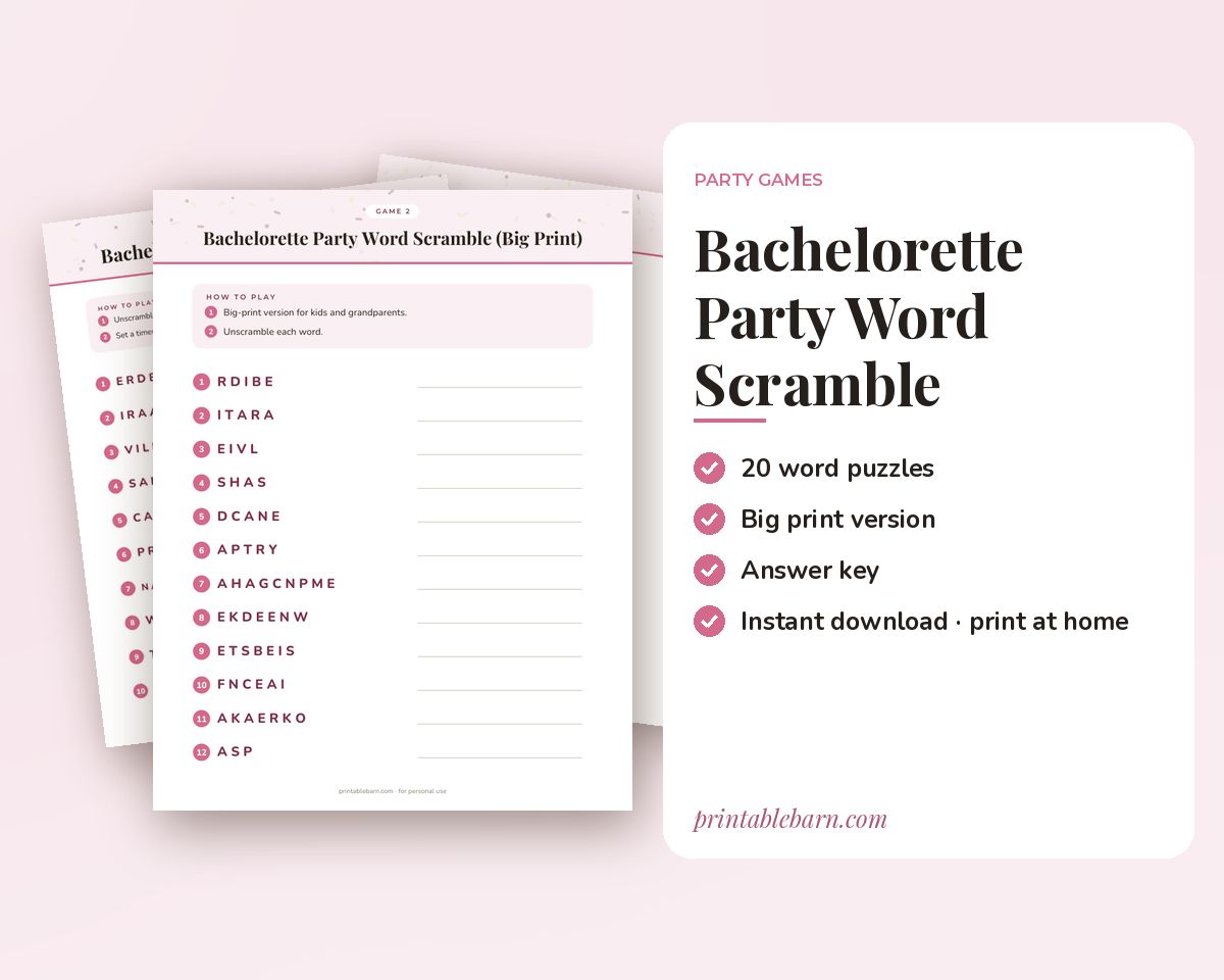 Bachelorette Party Word Scramble Game: 20 Printable Word Puzzles with Answer Key printable preview 1