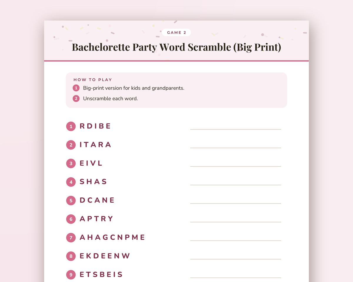 Bachelorette Party Word Scramble Game: 20 Printable Word Puzzles with Answer Key printable preview 2