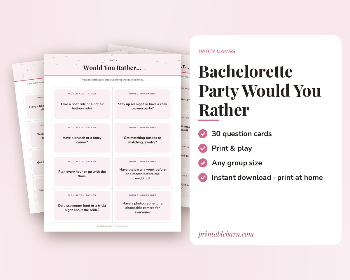 Bachelorette Party Would You Rather Game: 30 Printable Question Cards printable preview 1