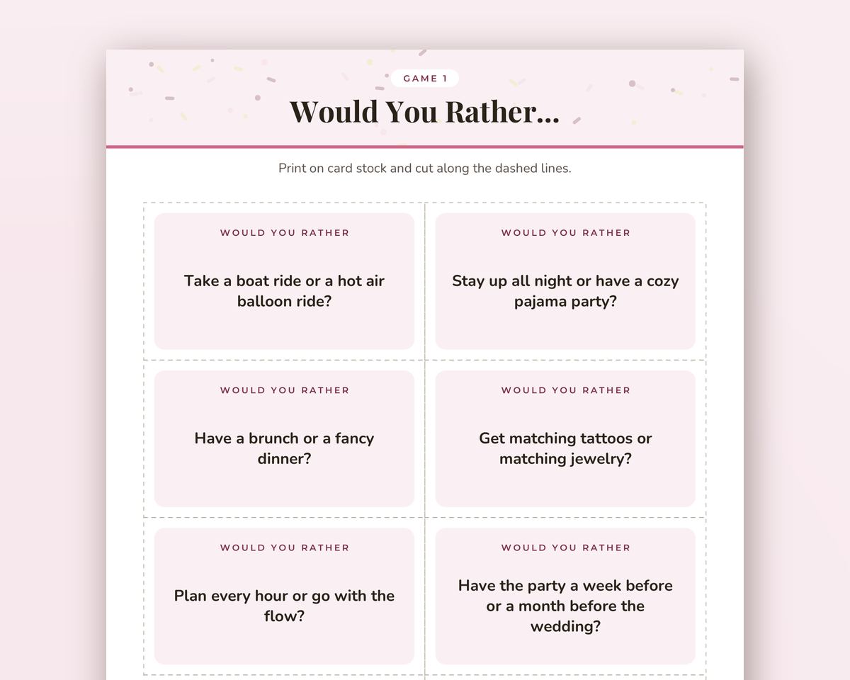 Bachelorette Party Would You Rather Game: 30 Printable Question Cards printable preview 2