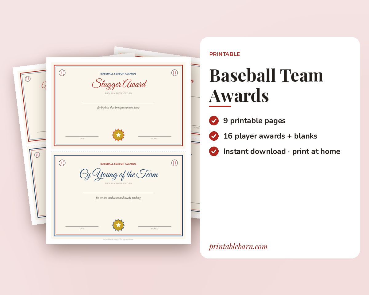 Baseball & Softball Team Awards Printable: 16 End of Season Certificates for Kids + Blank Awards printable preview 1