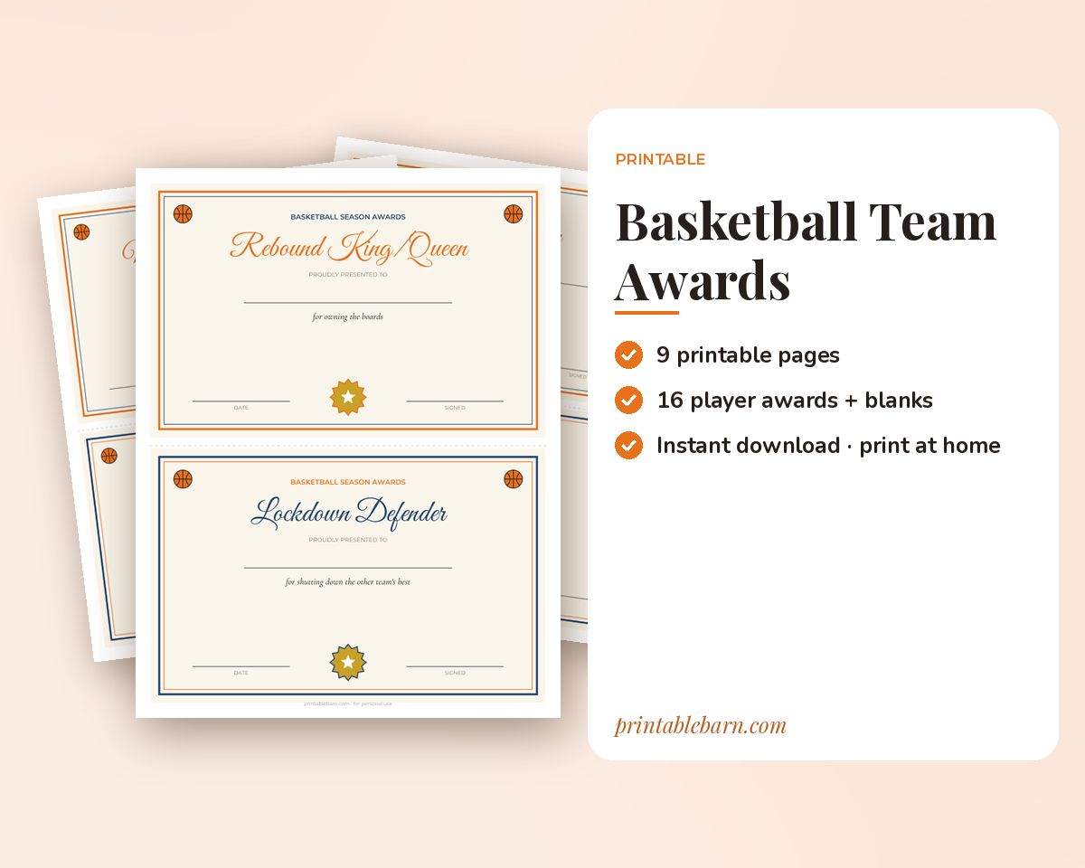 Basketball Team Awards Printable: 16 End of Season Basketball Certificates for Kids + Blank Awards printable preview 1