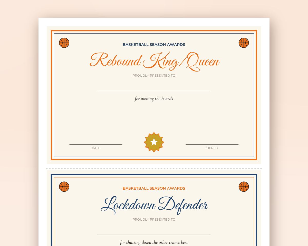 Free printable Basketball Team Awards sample page