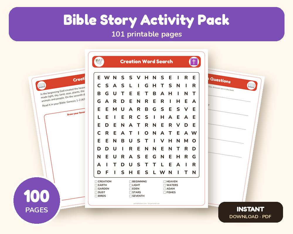 Bible Story Activity Pack: 20 Stories with Word Searches & Questions (KJV)