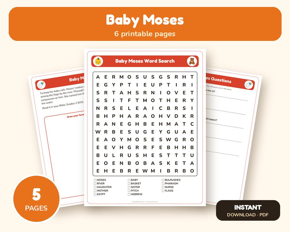 Baby Moses Sunday School Worksheet: Story, Word Search & Questions (KJV)