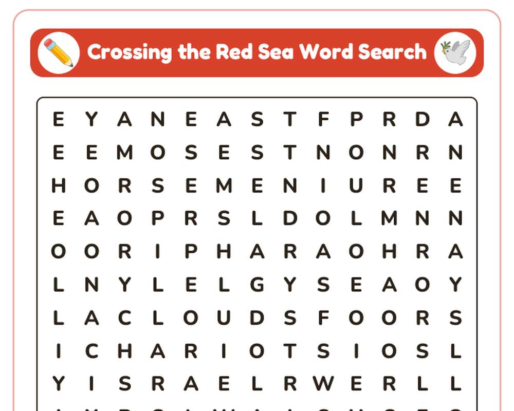 Crossing the Red Sea Sunday School Worksheet: Story, Word Search & Questions (KJV) printable preview 2
