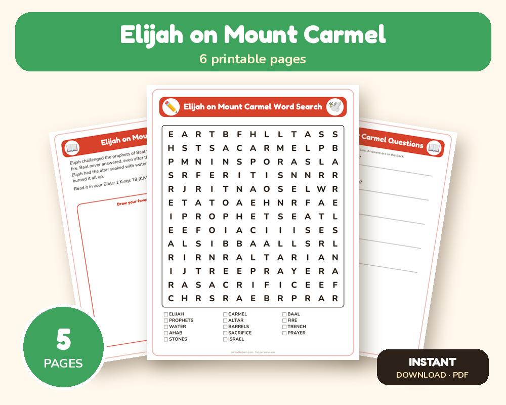 Elijah on Mount Carmel Sunday School Worksheet: Story, Word Search & Questions (KJV) printable preview 1